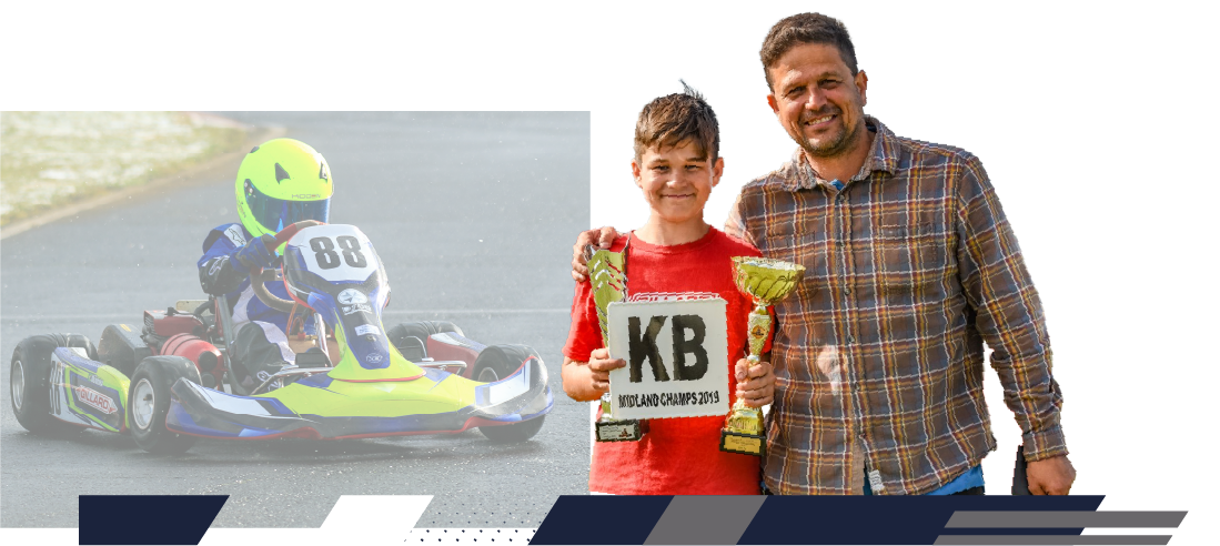 Pedro Oliveira com o pai celebrando conquista no kart